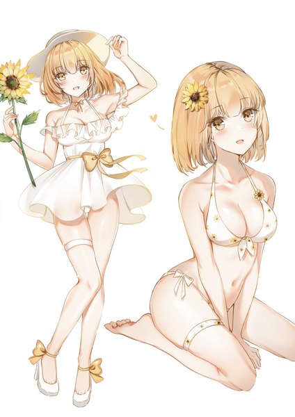Anime-Bild 3035x4299 mit original yukineko1018 tall image looking at viewer blush fringe highres short hair breasts open mouth light erotic simple background smile large breasts standing white background sitting bare shoulders holding absurdres