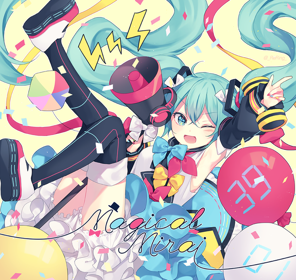 Anime picture 950x900 with vocaloid magical mirai (vocaloid) hatsune miku magical mirai miku magical mirai miku (2018) silltare single looking at viewer fringe hair between eyes twintails ahoge very long hair nail polish one eye closed arm up aqua eyes aqua hair armpit (armpits) 39