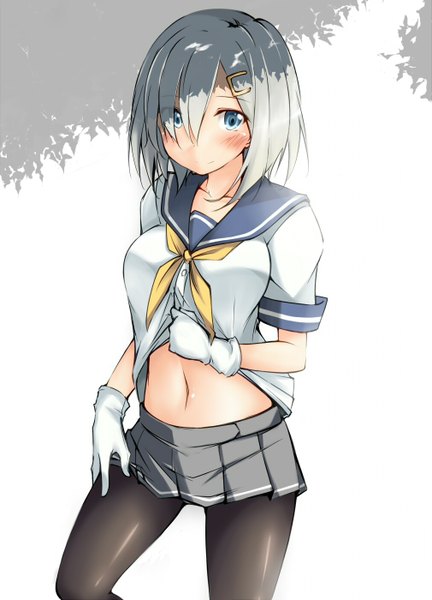 Anime picture 1009x1400 with kantai collection hamakaze destroyer kaminagi-tei single tall image looking at viewer blush fringe short hair blue eyes light erotic smile silver hair hair over one eye bare belly girl skirt gloves navel uniform