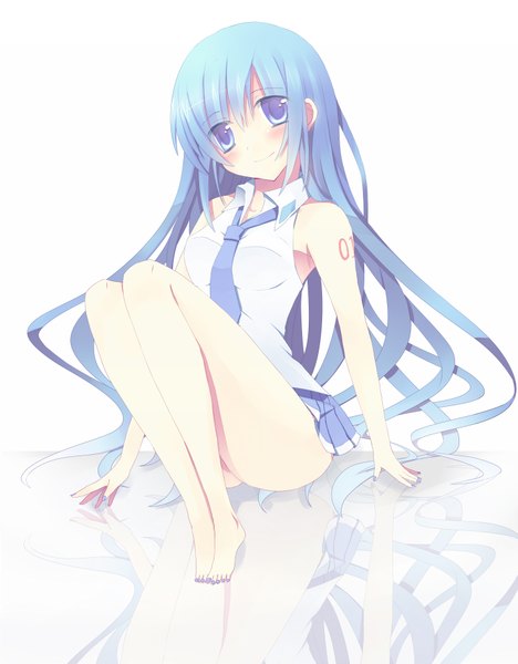 Anime picture 1450x1859 with vocaloid hatsune miku amamine single long hair tall image blush blue eyes simple background white background sitting blue hair barefoot light smile reflection alternate hairstyle girl necktie