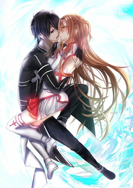 Anime picture 600x848 with sword art online a-1 pictures yuuki asuna kirigaya kazuto carpe-diem--allegory long hair tall image blush fringe short hair breasts open mouth black hair brown hair bare shoulders brown eyes bent knee (knees) braid (braids) black eyes embarrassed