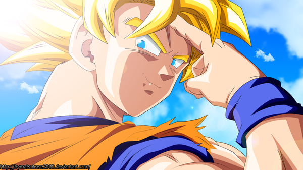 Anime picture 2000x1125 with dragon ball dragon ball z son goku the-danstyle-art bymatsukase2000 single highres short hair blue eyes blonde hair smile wide image sky cloud (clouds) looking back sunlight coloring muscle boy wristlet