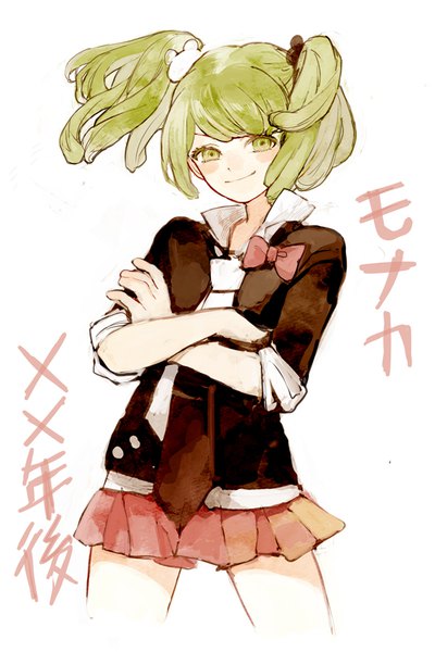 Anime picture 600x900 with dangan ronpa danganronpa another episode: ultra despair girls enoshima junko towa monaka gomosawa single tall image looking at viewer blush short hair simple background smile white background twintails green eyes green hair text short twintails crossed arms cosplay