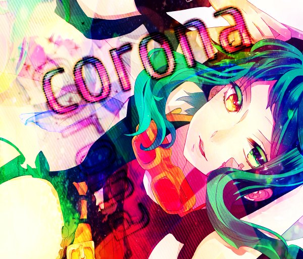 Anime picture 1200x1024 with vocaloid gumi kyama single long hair open mouth multicolored hair inscription heterochromia girl glasses belt goggles bandaid