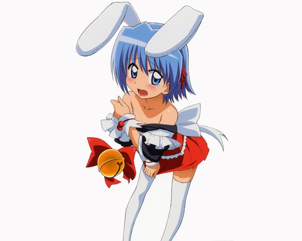 Anime picture 4000x3200 with hayate no gotoku! ayasaki hayate single looking at viewer blush highres short hair open mouth blue eyes simple background white background bare shoulders animal ears blue hair absurdres bunny ears tears otoko no ko bunny boy thighhighs