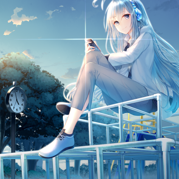 Anime picture 3308x3308 with original guri1105 single long hair looking at viewer blush fringe highres blue eyes smile hair between eyes sitting holding payot absurdres sky cloud (clouds) full body ahoge bent knee (knees)