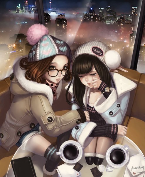 Anime picture 1236x1500 with original bobo1983 long hair tall image open mouth black hair multiple girls brown eyes tears girl thighhighs black thighhighs 2 girls hat glasses coat cup cap winter clothes