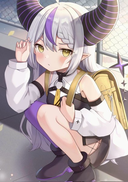 Anime picture 1447x2048 with virtual youtuber hololive la+ darknesss la+ darknesss (1st costume) amai melo single long hair tall image looking at viewer blush fringe hair between eyes yellow eyes silver hair multicolored hair horn (horns) pointy ears loli streaked hair squat