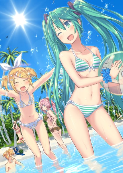 Anime picture 1036x1450 with vocaloid hatsune miku megurine luka kagamine rin kagamine len kaito (vocaloid) meiko hiraga matsuri long hair tall image blush short hair open mouth blue eyes blonde hair smile brown hair twintails multiple girls green eyes