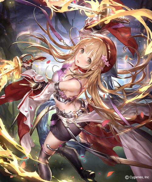 Anime picture 800x960 with shadowverse dionne dancing blade liiko single tall image looking at viewer blush fringe open mouth blonde hair standing bare shoulders holding brown eyes payot bent knee (knees) outdoors very long hair :d hair flower