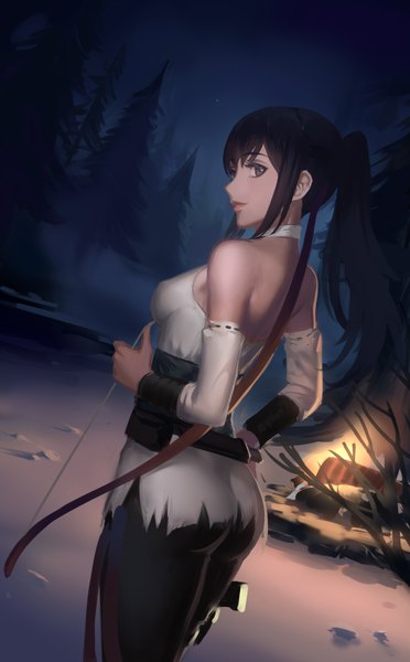 Anime picture 2480x4000 with tomb raider lara croft nuwangyang (930426) single long hair tall image highres light erotic black hair bare shoulders brown eyes ponytail looking back night girl weapon plant (plants) detached sleeves tree (trees) bow (weapon)