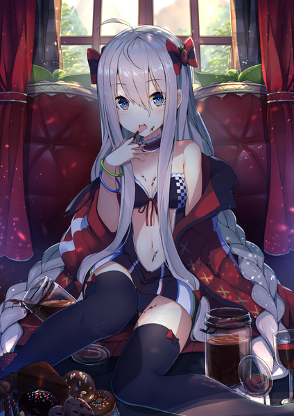 Anime picture 1240x1754 with original neme1228 single long hair tall image looking at viewer blush fringe breasts open mouth blue eyes light erotic hair between eyes sitting bare shoulders payot cleavage silver hair ahoge bent knee (knees)
