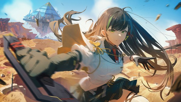 Anime picture 3000x1688 with tower of fantasy lin (tower of fantasy) omegu single long hair looking at viewer fringe highres black hair wide image green eyes sky outdoors multicolored hair streaked hair desert girl skirt gloves weapon