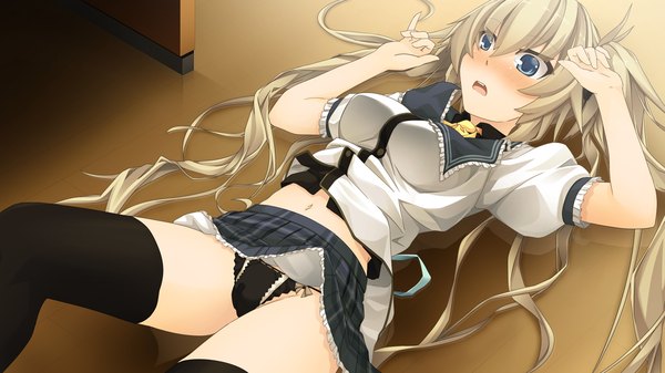 Anime picture 1280x720 with natsuiro asagao residence long hair blush open mouth blue eyes light erotic blonde hair wide image twintails game cg zettai ryouiki girl thighhighs skirt navel uniform underwear panties black thighhighs school uniform