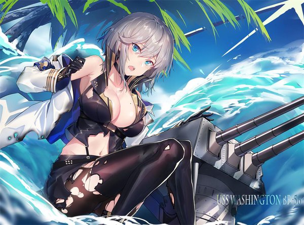 Anime picture 1010x750 with azur lane washington (azur lane) echj single looking at viewer blush fringe short hair breasts open mouth blue eyes light erotic hair between eyes sitting bare shoulders silver hair bent knee (knees) off shoulder mole midriff