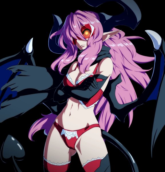 Anime picture 2400x2500 with original bochi (pixiv id392759) single long hair tall image looking at viewer fringe highres breasts light erotic simple background standing bare shoulders yellow eyes pink hair cleavage tail horn (horns) pointy ears hair over one eye