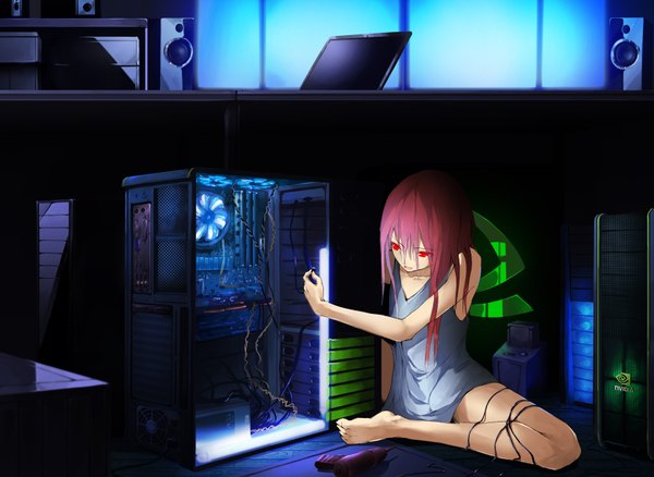 Anime picture 1639x1198 with original solru (tyappygain) long hair red eyes sitting pink hair no shoes looking down product placement girl table wire (wires) nightie monitor speakers computer