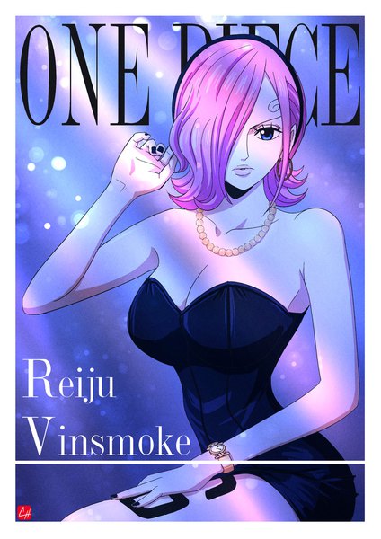 Anime picture 1448x2048 with one piece toei animation vinsmoke reiju chris re5 single tall image looking at viewer fringe short hair breasts blue eyes light erotic sitting bare shoulders signed pink hair cleavage nail polish fingernails lips