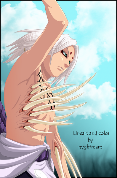 Anime picture 658x1000 with naruto studio pierrot naruto (series) kaguya kimimaro dark-nyghtmare single tall image short hair green eyes sky cloud (clouds) white hair tattoo coloring facial mark muscle bone (bones) boy