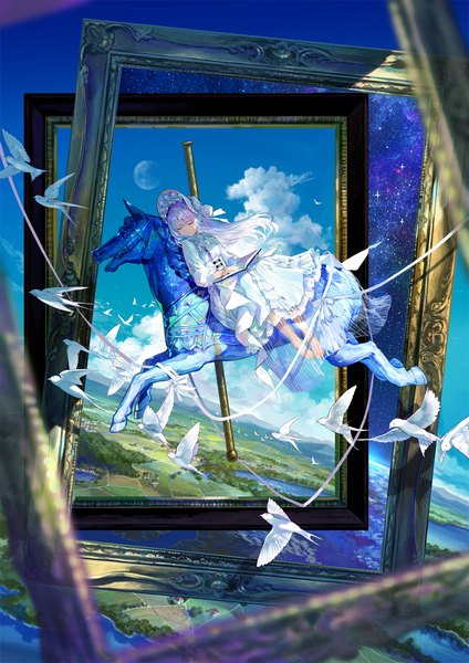 Anime picture 1414x2000 with original fuzichoco single long hair tall image fringe sitting holding sky silver hair cloud (clouds) full body outdoors blunt bangs eyes closed barefoot horizon mountain sleeping lolita fashion