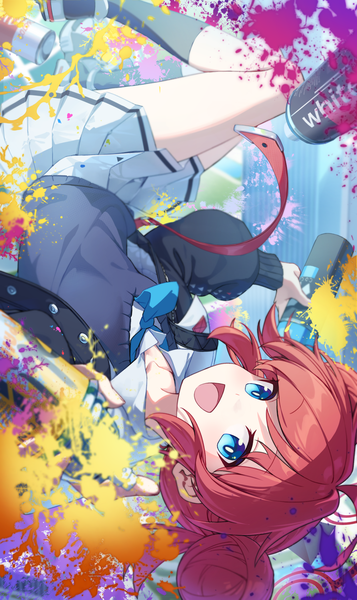 Anime-Bild 1000x1680 mit blue archive maki (blue archive) penguin say single tall image looking at viewer short hair open mouth blue eyes red hair :d open jacket hair bun (hair buns) upside down graffiti girl jacket sweater