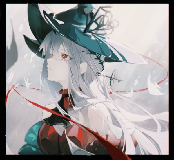 Anime picture 1175x1080 with arknights skadi (arknights) skadi the corrupting heart (arknights) lxc single long hair fringe hair between eyes red eyes silver hair upper body profile official alternate costume border looking up girl hat