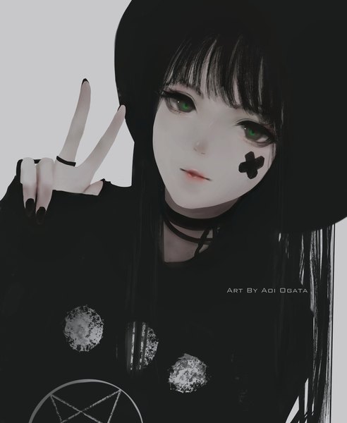 Anime picture 1920x2340 with original aoi ogata single long hair tall image looking at viewer fringe highres black hair green eyes upper body nail polish head tilt lips dutch angle sleeves past wrists victory black nail polish girl hat