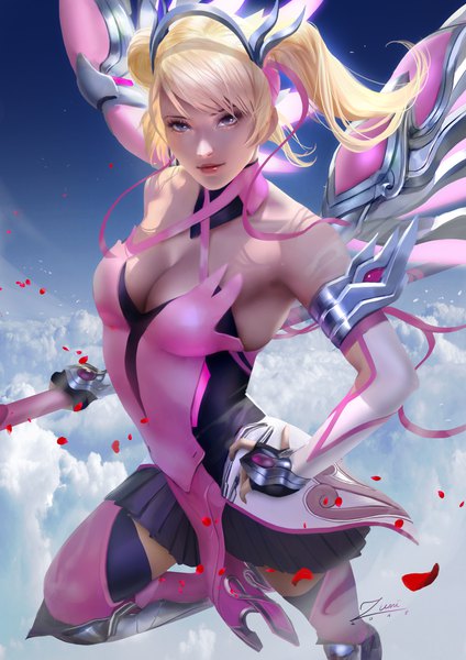 Anime picture 2481x3508 with overwatch blizzard entertainment mercy (overwatch) pink mercy zumi (zumidraws) single long hair tall image looking at viewer fringe highres breasts blue eyes light erotic blonde hair large breasts twintails holding signed sky