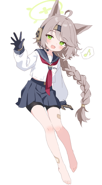 Anime picture 1870x3389 with blue archive otogi (blue archive) yukisiannn single long hair tall image looking at viewer blush highres open mouth green eyes animal ears full body ahoge braid (braids) :d barefoot grey hair bare legs single braid