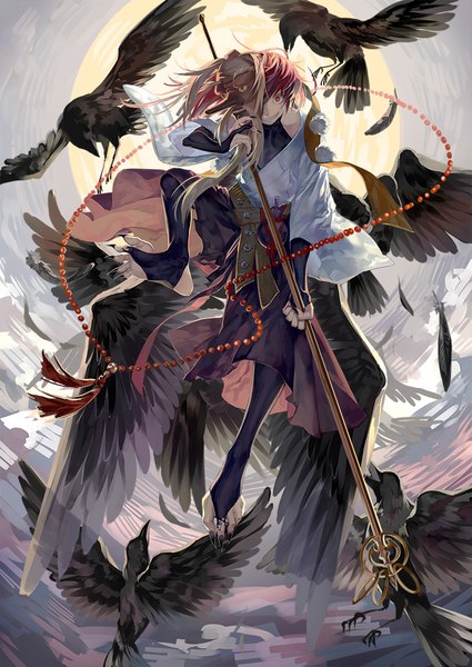 Anime picture 724x1023 with original yamakawa long hair tall image looking at viewer smile red eyes holding red hair traditional clothes japanese clothes fingernails wide sleeves long fingernails flying black wings mask on head covering eye (eyes) crazy smile tengu