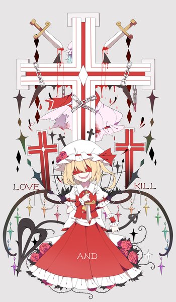 Anime picture 1765x3023 with touhou flandre scarlet remilia scarlet gla tall image highres short hair blonde hair smile multiple girls grey background blindfold bloody weapon crazy smile girl skirt flower (flowers) weapon 2 girls hat