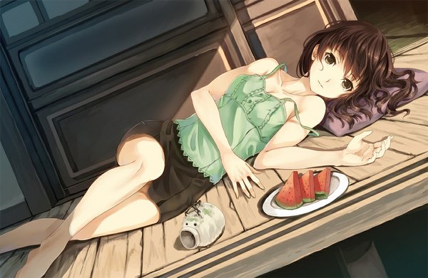 Anime picture 1000x651 with original paseri single long hair looking at viewer brown hair bare shoulders brown eyes lying barefoot off shoulder shadow strap slip girl skirt miniskirt food pillow berry (berries) tank top