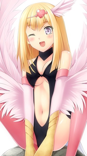 Anime picture 1400x2500 with yu-gi-oh! komimiyako single long hair tall image blush breasts open mouth light erotic blonde hair purple eyes bare shoulders one eye closed wink girl navel hair ornament wings