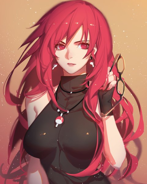 Anime picture 1280x1602 with naruto studio pierrot naruto (series) karin (naruto) songjikyo single long hair tall image fringe breasts simple background red eyes large breasts holding upper body red hair nail polish parted lips wind pink nail polish