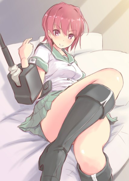 Anime picture 868x1223 with kantai collection kinu light cruiser kinu (kantai collection) wa (genryusui) single tall image looking at viewer blush short hair light erotic purple eyes red hair lying on back girl skirt weapon miniskirt boots pillow