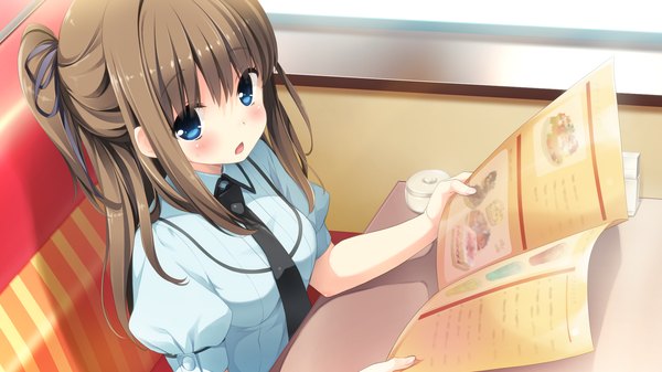 Anime picture 1920x1080 with berry's houkou yuuka sakura koharu long hair looking at viewer blush highres open mouth blue eyes brown hair wide image game cg girl necktie