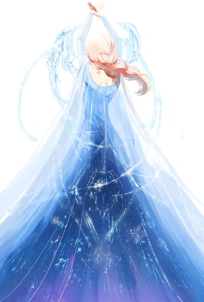 Anime picture 1181x1748 with frozen (disney) disney elsa (frozen) da congjun single long hair tall image blonde hair simple background standing white background braid (braids) from behind arms up single braid starry sky print girl dress transparent clothing blue dress