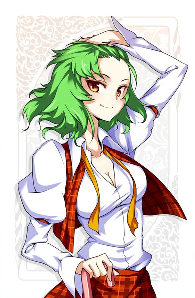 Аниме картинка 655x1000 с touhou казами юка hong (white spider) один (одна) высокое изображение румянец короткие волосы улыбка стоя смотрит в сторону зелёные волосы оранжевые глаза рука на голове девушка зонт жилет