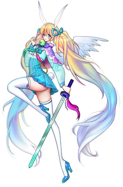 Anime picture 1237x1870 with original dadachyo single tall image looking at viewer highres blue eyes light erotic simple background blonde hair white background twintails animal ears white hair tail very long hair traditional clothes animal tail multicolored hair aqua hair