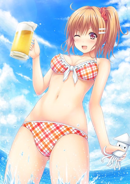 Anime picture 1378x1946 with original nakamura sumikage single tall image short hair open mouth light erotic brown hair yellow eyes sky cloud (clouds) one eye closed wink girl navel swimsuit bikini alcohol beer plaid bikini
