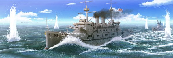 Anime picture 2000x677 with original earasensha wide image sky cloud (clouds) battle war sea watercraft ship