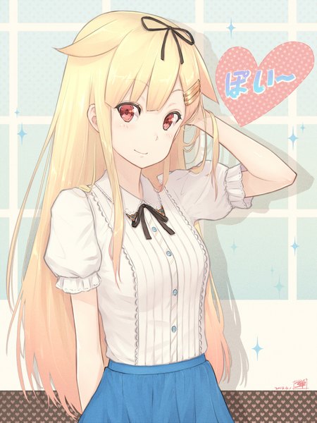 Anime picture 840x1120 with kantai collection yuudachi destroyer dan (kumadan) single long hair tall image looking at viewer blush fringe blonde hair simple background smile red eyes standing signed payot upper body blunt bangs head tilt sparkle