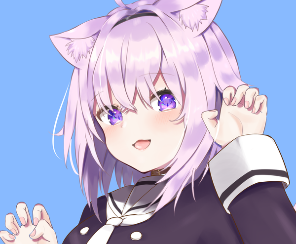 Anime picture 2124x1749 with virtual youtuber hololive nekomata okayu nekomata okayu (3rd costume) appo (36786257) single looking at viewer blush fringe highres short hair open mouth simple background hair between eyes purple eyes animal ears purple hair upper body ahoge :d