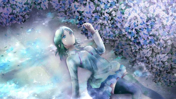 Anime picture 2000x1124 with vocaloid gumi mariwai (marireroy) single fringe highres short hair breasts light erotic wide image green eyes lying green hair alternate costume rain sad girl thighhighs skirt flower (flowers)