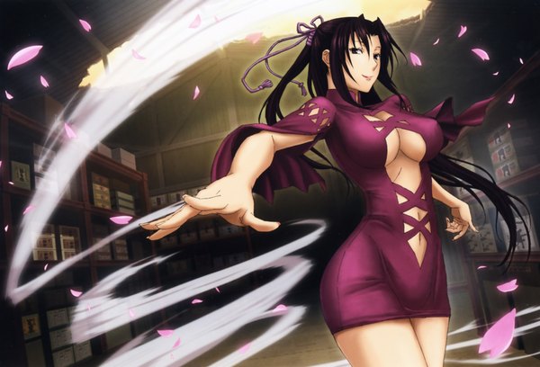 Anime picture 4104x2796 with sekirei kazehana single long hair highres breasts light erotic smile large breasts brown eyes absurdres cleavage purple hair girl dress petals
