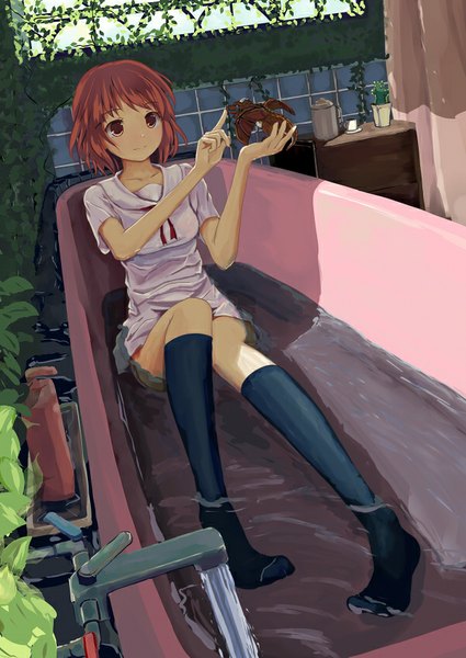 Anime picture 600x847 with original hoippu (artist) single tall image fringe short hair breasts sitting holding looking away bent knee (knees) red hair short sleeves orange eyes no shoes girl plant (plants) shirt water socks
