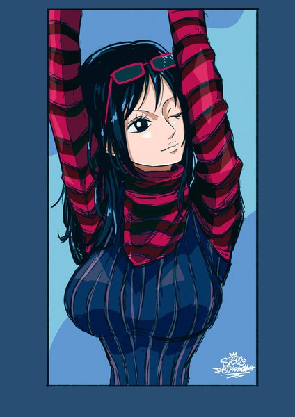 Anime picture 1448x2048 with one piece toei animation tashigi sherumaru (korcht06) single long hair tall image fringe breasts black hair simple background smile signed looking away upper body one eye closed black eyes arms up blue background striped