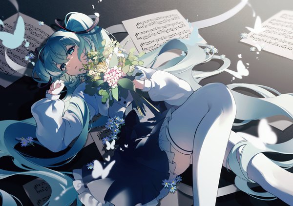 Anime picture 4096x2881 with vocaloid hatsune miku kanvien single fringe highres hair between eyes twintails looking away absurdres bent knee (knees) lying very long hair aqua eyes aqua hair on back girl thighhighs skirt flower (flowers)