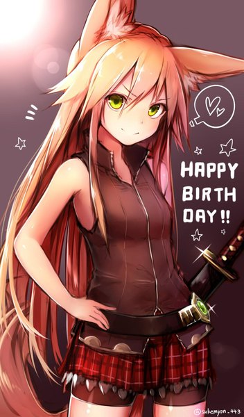 Anime picture 1024x1744 with original kokonoe tsubaki suke single long hair tall image looking at viewer blush fringe simple background blonde hair bare shoulders green eyes signed animal ears tail animal tail light smile inscription hand on hip