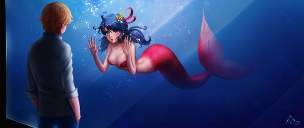 Anime-Bild 2000x848 mit miraculous ladybug marinette cheng adrien agreste ango long hair fringe highres short hair breasts open mouth blue eyes light erotic blonde hair hair between eyes wide image large breasts standing twintails bare shoulders signed